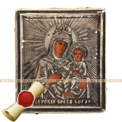Старинная иконка в серебряном окладе Иверская Божья Матерь 