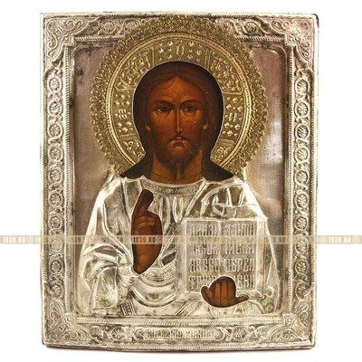 Старинная деревянная икона Спас Вседержитель. Россия, фабрика В.С. Крестьянинов в Мстере XIX век.